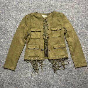 Hana Womens Faux Suede Leather Look Jacket Green Waist Length Fringe S